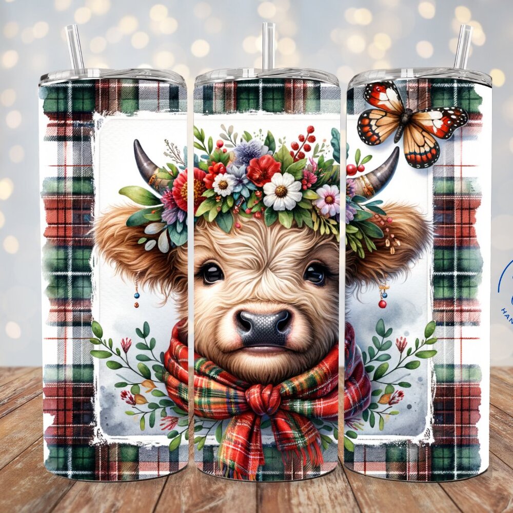 Plaid & Pine Highland Cow Christmas Cup, Vintage Highland Holiday Tumbler